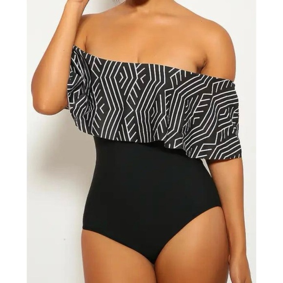 Off The Shoulder Black and White Geometric One Piece Swimsuit - Picture 1 of 5